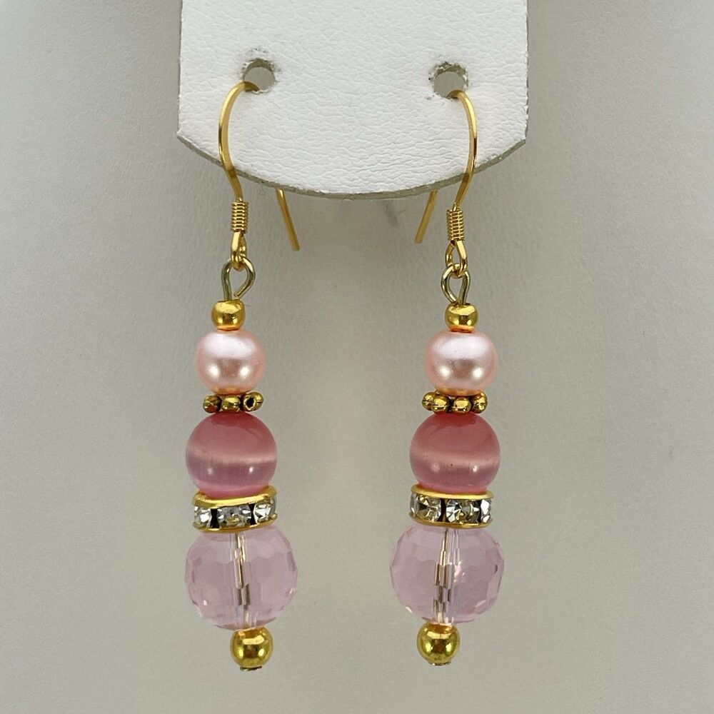 18K Gold Plated Pink Cat Eye Glass Pearl Beaded Earrings Dangle Preppy Cute